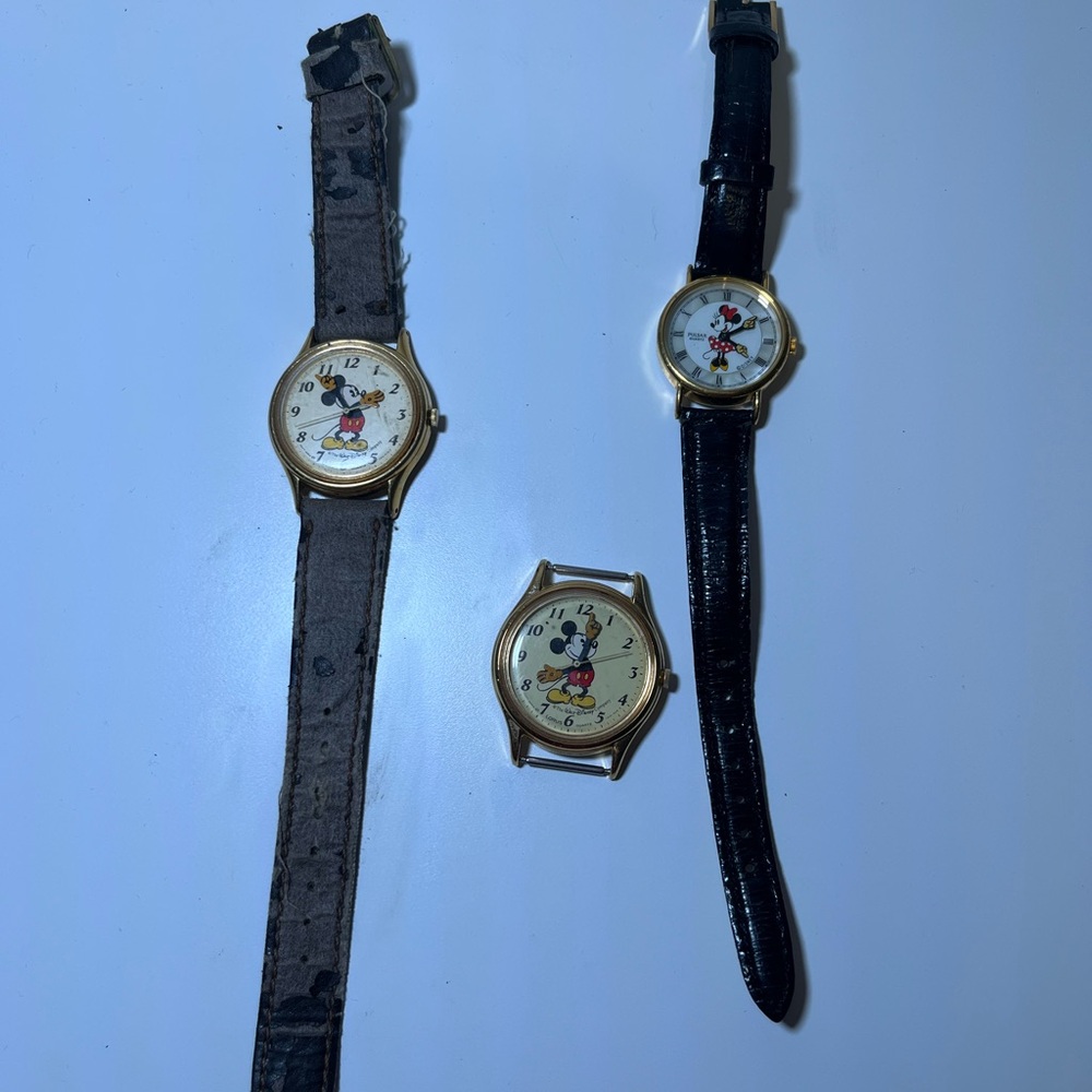 Vintage Lorus Mickey Mouse Wristwatch Trio - Gold Tone with Black & Brown Straps